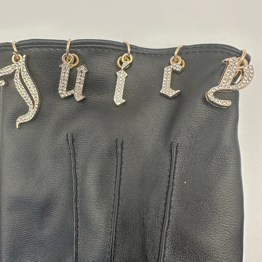 Juicy Couture Black Gloves Gold Rhinestone Dangle Bling Charm Faux Leather Y2K